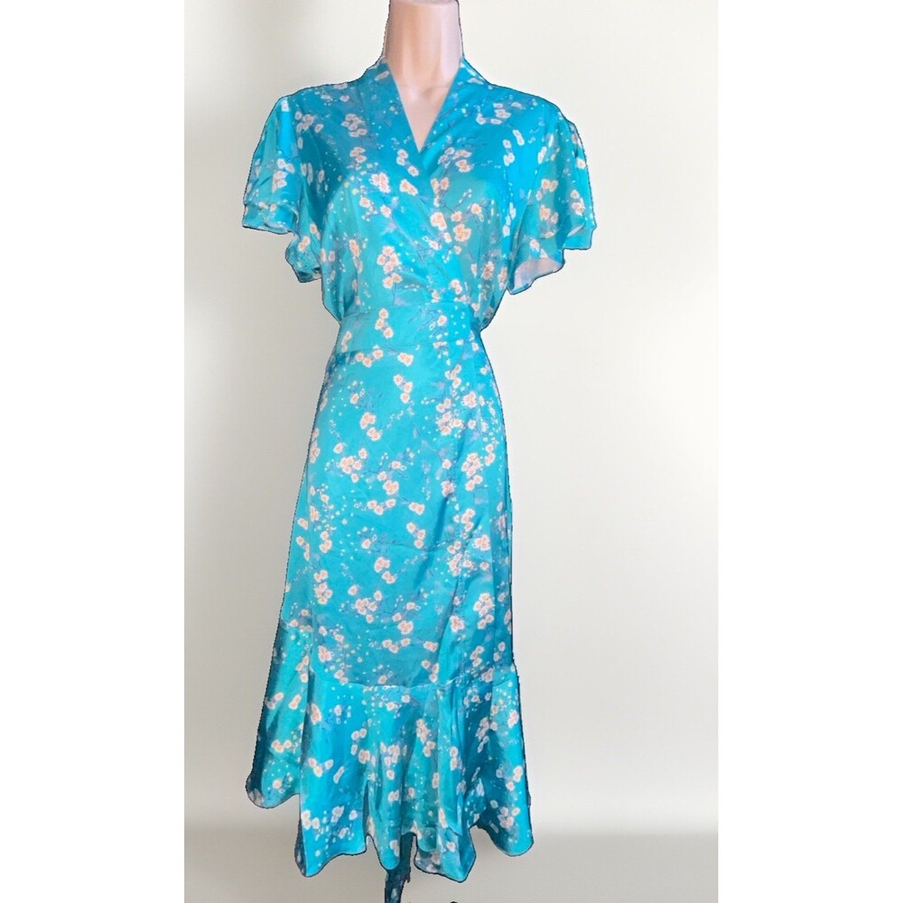 J Flower Womens M Teal Floral Wrap Maxi Dress NWT Puff Sleeve Cherry Blossom